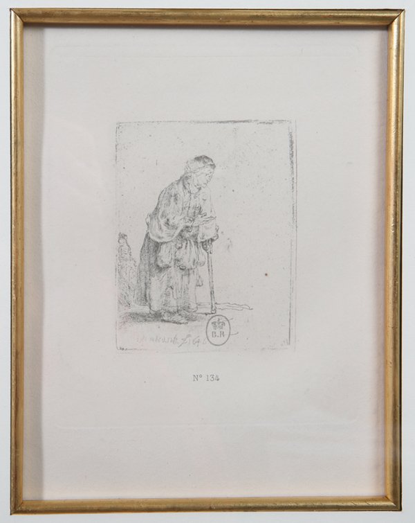REMBRANDT ETCHING NO. 134: Signed and dated in plate at lower left, "Rembrandt 1646". Has "B.R." crown mark. Fine condition. Sight 6 1/4" x 5".