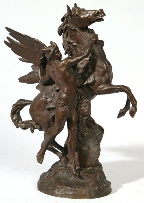 EMILE L. PICAULT (FRENCH) BRONZE SCULPTURE: Emile Louis Picault (French, 1833-1915) 19th Century 19 1/2" bronze sculpture of Perseus and Pegasus. Signed, "E. Picault, Salon des Beaux Arts". Picault exhibited his works at the Paris Salon from 18