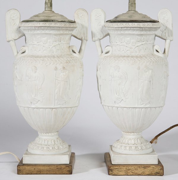 PR. PARIAN PORCELAIN VASES: Mounted as lamps. Two pieces in Greek form with relief figures and swan handles, vases are 19th Century, 14" h. Lamps are 26" h.
