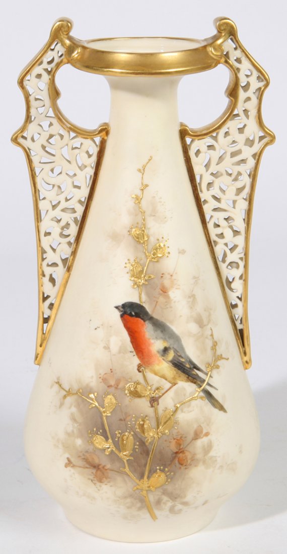 ROYAL WORCESTER PORCELAIN VASE WITH BIRD: Beautifully detailed hand painted song bird on gilt branch, reverse with floral spray. Mark on base. Fine condition. 8" h.