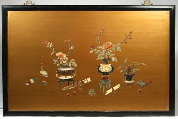 CHINESE IVORY, HARDSTONE & M.O.P. PANEL: With vases of flowers, scrolls, birds, and more in large variety of colored hardstones, ivory, coral, and mother-of-pearl on gold lacquered panel. Fine condition. 34" h. x 52 1/2" w.