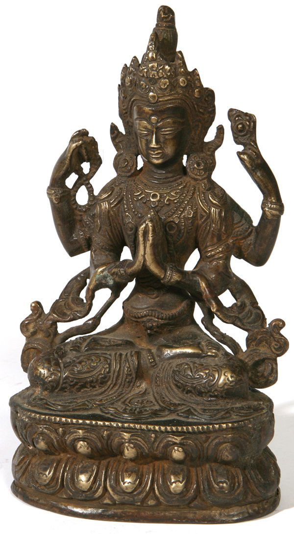 SINO-TIBETAN BRONZE SHIVA: with Shiva seated in lotus position in elaborate head dress and robes on a lotus base, with engraved stylized lotus symbol on base, in fine old patina. Believed to be 19th Century or earlier. Fine con