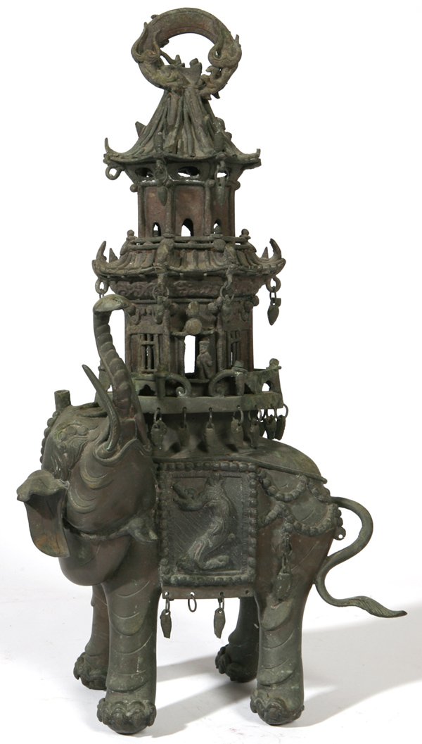 LG. CHINESE BRONZE FIGURAL CENSOR: In form of elephant with pagoda like building atop his back with figures, in old patina. Missing a few hanging tassels, otherwise fine condition. 8" long x 16" h.