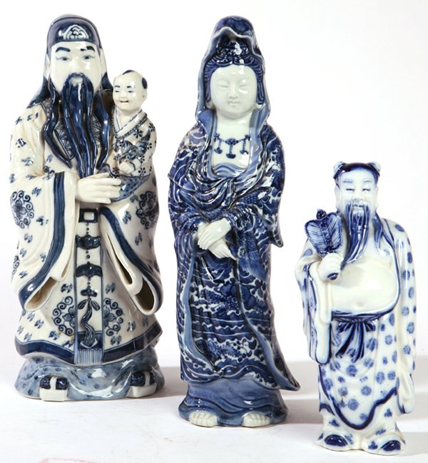 THREE CHINESE BLUE & WHITE PORCELAIN FIGURES: All hand painted including a lady, circa mid-19th Century, 14" h. Plus gentleman and child, 14" high, and man with fan, 9 1/2" h., both likely early to mid-20th Century. First has crack in neck, other