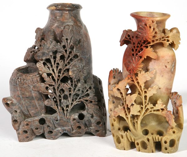 TWO CHINESE STONE CARVINGS: Both vases with flowers, one double, in different color soapstone. Circa 1920. Fine condition. 8" to 8 1/2" h.