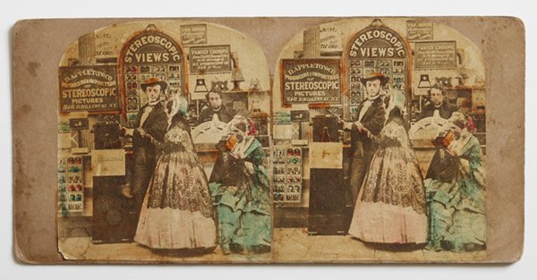 RARE STEREOVIEW OF APPLETON & CO. STEREO PHOTOGARPHERS : Albumen arch top views showing three people viewing the wide variety of items on display from card views to different type of viewers, flat mount, lightly hand tinted, with D. Appleton & Co. imprint o
