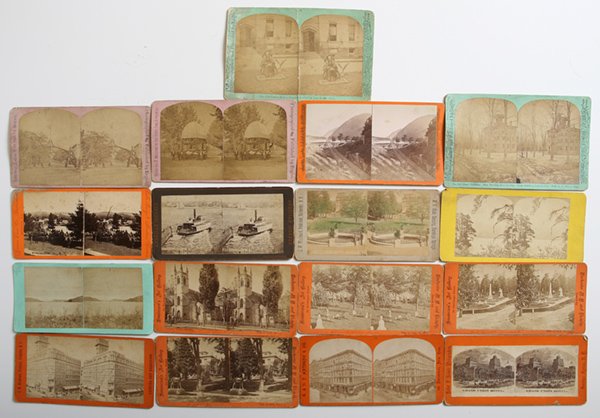 17 ALBUMEN PHOTO N.Y. STEREOVIEWS: All flat mounts. Includes two 4.5” x 7.25” arch top views of Ithaca with imprint of J.D. Eagles entitled The old Ithaca Academy & The Old Ladies Home; plus three 4” x 7” cards, one with imprin