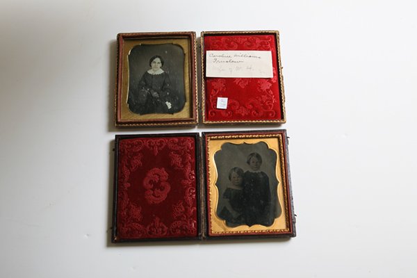 SCARCE 1/4 PLATE DAGUERREOTYPES KANAWHA CO VA PORTRAIT: Lot of 2, includes portrait of a young lady identified on Ms. Note as Caroline Williams Truslow/Wife of W.H. Sr.” Image of her standing with hands crossed and clasping a book, mounted in embossed pa