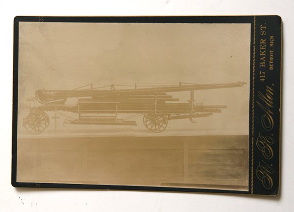 CABINET CARD OF PATENT MODEL FIRE HOSE WAGON: An interesting photograph of a patent model of a horse drawn fire department Ladder Wagon, with imprint of “R.R. Allen, Detroit, Mich.”