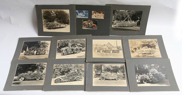 ROSE FESTIVAL PHOTOS, PORTLAND, OREGON : Lot of 13 on 11 larger card stock mounts. All circa 1905. Most are 8” x 10” early silver gelatin prints, most are automobiles so completely covered in flowers that it is impossible to even guess a