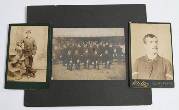 THREE SPANISH AMERICAN WAR PHOTOS: Includes two cabinet cards, one of soldier with marksman badges on collar of his frock coat, imprint of Miller, Minneapolis; 2nd of a young West Point Cadet or other military cadet in full uniform, im