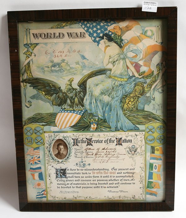 WWI SOLDIERS ESCUTCHEON: Chromolithographed partially printed with inset oval photograph of Pvt.” Albert A. Swartz, Co. C, 133 W.G. Bir. 36th Div.” from Pittsburgh. Served in the U.S. infantry in France with the A.E.F. fr