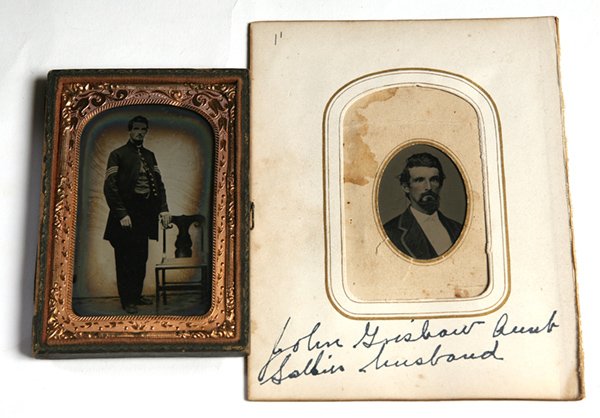 TINTYPES OF CIVIL WAR SOLDIER GRISHAW 132nd. IN. V.I.: Lot of 2, includes a cdv sized tintype image of John W. Grishaw, with short beard and mustach, wearing a 9 or 10 button frock coat, mounted in a half case. The second image is of him in civilian dress