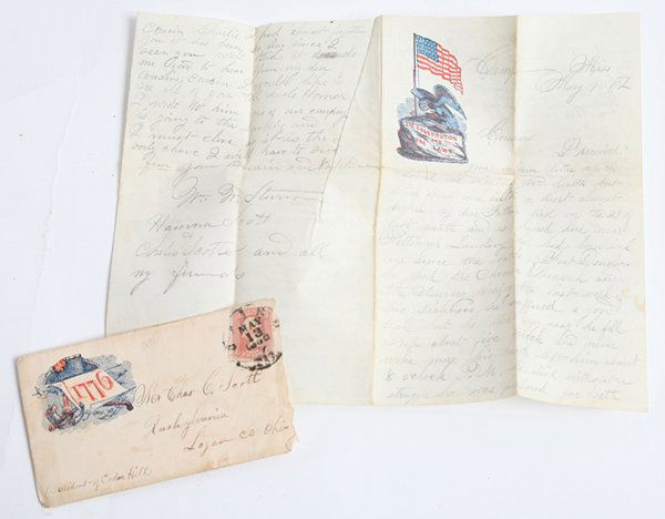 CIVIL WAR LETTER BATTLE OF SHILOH TERRY'S TEXAS RANGERS: This letter with cover addressed as below with red 3 cent Washington stamp with black circular postal cancellation mark that is smudged, with location unclear but date of “May/13/1862”. The cover