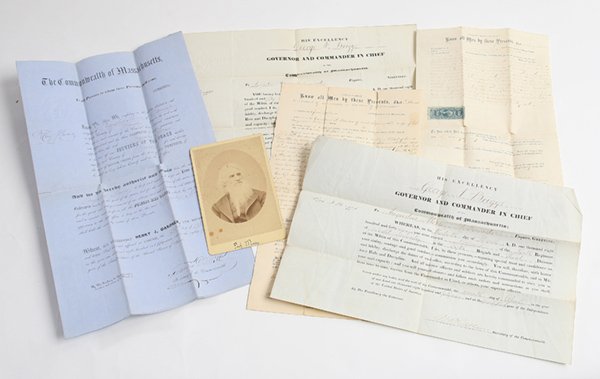 MASS. BRIG. GEN. A. MORSE MILITARY SIGNED ARCHIVE: Lot of 6, including an albumen cabinet card of Morse with imprint of Bogardus, N.Y.; plus a partially printed Military appointment to Brig. General by Mass. Governor George N. Briggs, signed by the Go