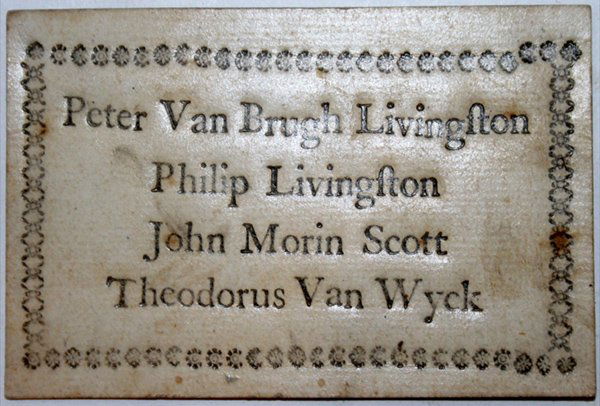 RARE AMERICAN 1775 PATRIOTIC N.Y. IMPRINT: 2.75” x 3.75”, printed by John Holt on heavy laid paper card stock with black printed six of spades and back having list of five prominent N.Y. Patriots, and likely an endorsement of these gentlem