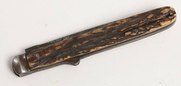 CIVIL WAR JACK KNIFE BY WM. NICHOLSON: With stag grips dagger style 4” steel blade stamped William/Nicholson” on right ricasso, with locking blade, nice old patina, total length open 8.25”.