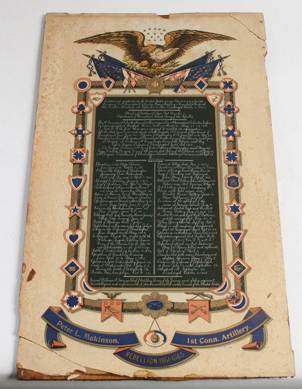 CIVIL WAR ESCUTCHEON PETER MAKINSON, 1ST CONN. ARTILLER: Printed on light card stock with Corps badges along each side, spread winged eagle clutching crossed flags above, list of Regiments battle honors in center and Soldiers name along bottom in ribbon ban