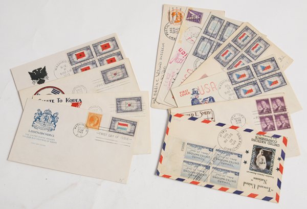 COLLECTION OF WWII ILLUSTRATED ENVELOPES: And first day issues, all but four with Wash. D.C. cancelations; including Aug. 10 43 Luxembourg, with extra Luxembourg stamp; plus “Salute to Korea & The Day of Liberation Will Come”, both Nov. 2