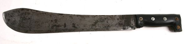 SPANISH AMERICAN WAR BOLO MACHETE: Stamped on left face of 15” blade “Hand/Bolo/Forged” in circle, with replaced black grips, total length 19.75”.
