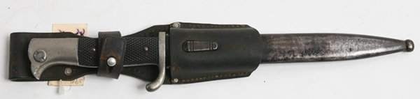 WWII GERMAN BAYONET W/ ETCHED NAZI BLADE: Includes steel scabbard and leather frog, black checked thermal plastic grips with 9.25” blade etched on each face - one side etched with two Nazi parties symbols and Inftr. Regt. Nr. 41 Amberg/ Bay