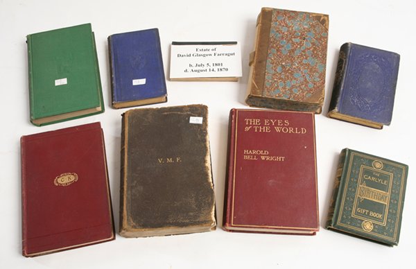 BOOKS FROM PERSONAL LIBRARY OF ADM. D.G. FARRAGUT, U.S.: Lot of 9. Includes a book entitled “Familiar Quotations…” by John Bartlett, 1868, published by Little, Brown & Co., Boston with inked presentation inscription on front end paper reading “Admir