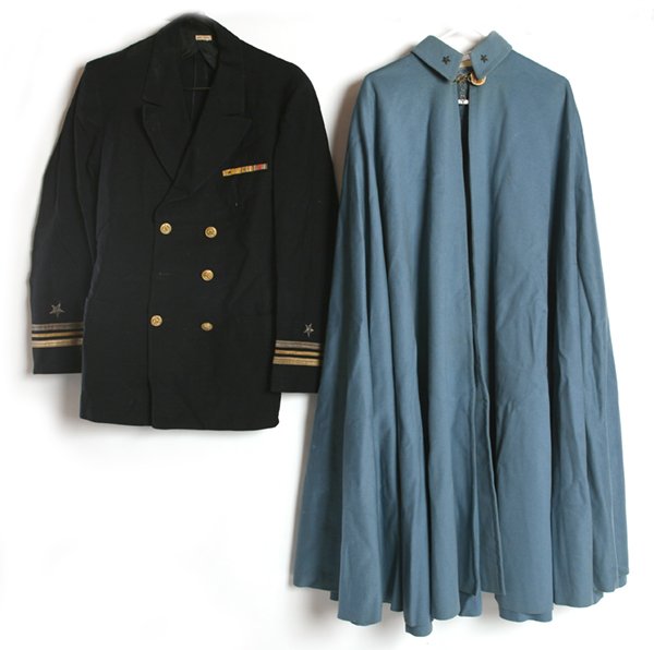 GENERAL BLUE CAPE & OTHER UNIFORMS: Lot of 5, includes a wonderful Cashmere wool light blue 45” long Army cape with embroidered metallic thread stars on collar, lion mask brass clasp with chain, plus a WWII U.S. Navy frock coat in nav