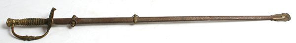 GAR M1860 STAFF & FIELD OFFICERS SWORD: With steel scabbard, with brass band with two carrying rings, middle band with single ring, brass drag and throat, total length 31”. The sword has double edged steel blade 30” long, numbered on le