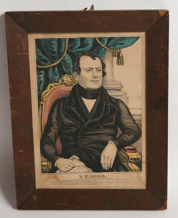 J. BAILLIE LITHO OF T.W. DORR, R.I. GOV. 1844 : Hand colored lithograph, 10” x 14” of the Governor seated with quote from his June 25, 1844 speech below title, in period mahogany ogee frame, 13” x 17”.