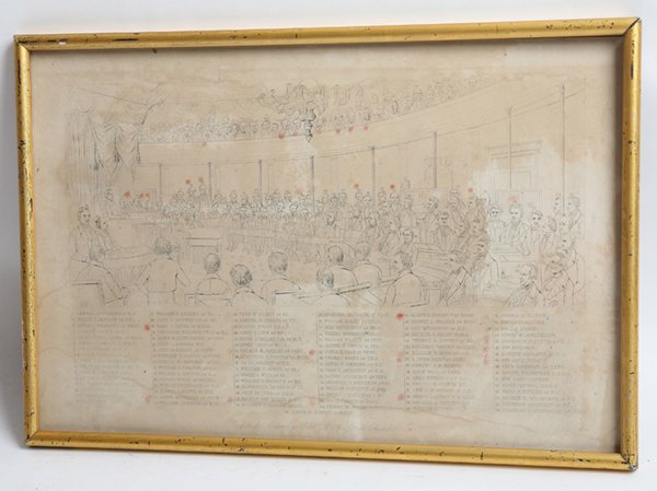 EARLY ENGRAVING OF U.S. SENATE: Entitled “Key to the Engraving of the United States Senate Chamber” with such prominent figures as Danl. Webster, Martin Van Buren, Dolly Madision, Cassius Clay, J.Q. Adams, James Polk and others,
