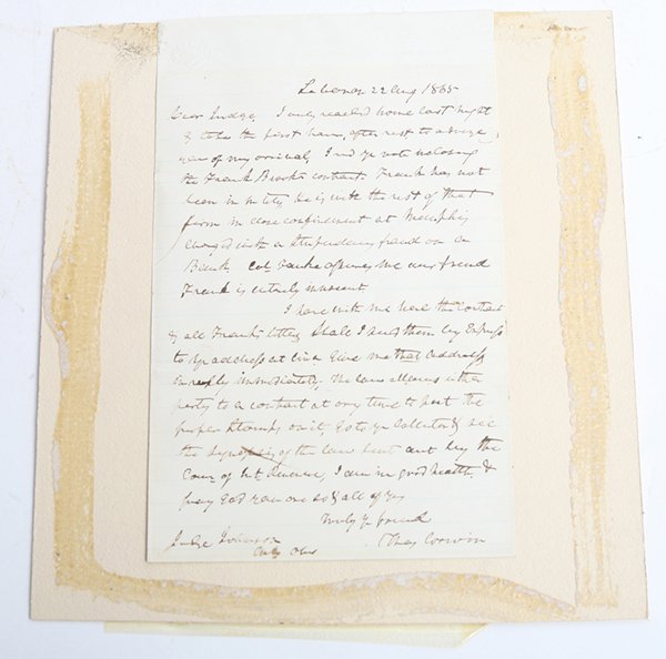 SIGNED MS. LETTER OHIO GOV. THOMAS CORWIN: An Ms. inked letter on single lined letter sheet, dated “Lebanon, 22 Aug. 1865” written to Judgev Johnson.