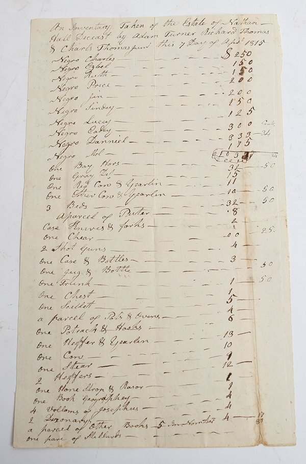 MS. VA. ESTATE INVENTORY W/10 NAMED SLAVES: Inked on single 7.5” x 12.5” laid paper letter sheet from Patrick Co. Va. reading in part: “An Inventory Taken of the Estate of Nathan Hall Deceast (sic) by Adam Turner, Richard Thomas & Charles