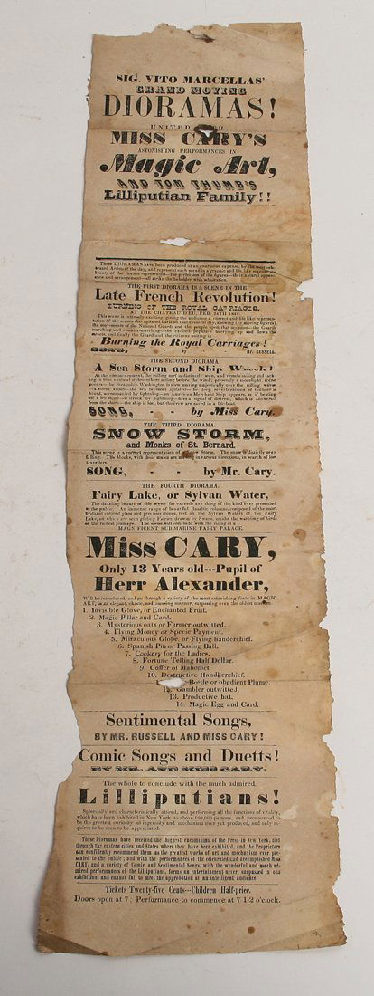 TOM THUMB DIORAMA HANDBILL: A 6” x 11.5” printed handbill headed “Sig. Vito Marcellas’ Dioramas! United With Miss Cary’s Astonishing Performances in Magic Art, And Tom Thumb’s Lilliputian Family!!” with eleven bloc