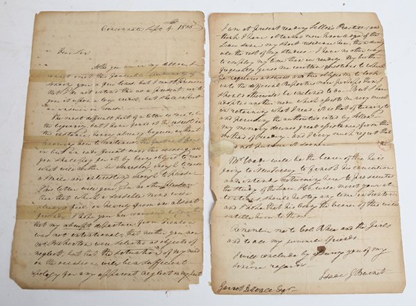 CINCINNATI 1805 MS. LETTER ABOUT THE CITY: Written by an English trained lawyer named Isaac G. Barnet and dated Cincinnati Sept. 4, 1805 on two laid paper letter sheet in ink. Written to a Garret D.Wall Esquire in New Jersey. In it he decries 