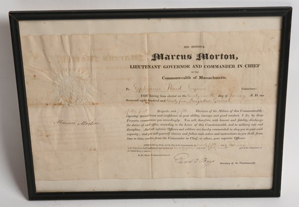 MASS. GOV. MARCUS MORTON AUTOGRAPH DOCUMENT: Partially printed dated Jan. 27, 1827 appointing Ephrain Ward Brigadier General of the 1st Brigade, 5th Division. Framed, 13” x 17”.