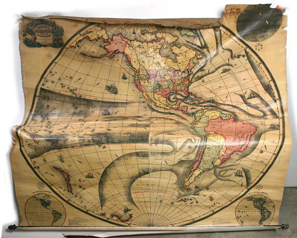 1854 PELTON'S WALL MAP OF WESTERN HEMISPHERE: Full title being : “Pelton’s Political and Physical Map of the Western Hemisphere.: published by Sower & Barnes, Philadelphia. Hand colored laid on linen, 80” square, with lower wooden dowel.