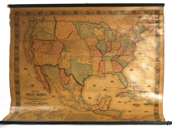 1852 JACOB MONK'S WALL MAP OF NORTH AMERICA: Full title being: “New Map of the Portion of North America Exhibiting the United Stagtes and Territories, the Canadian, New Brunswick, Nova Scotia, and Mexico, Also Central America and the West Indi