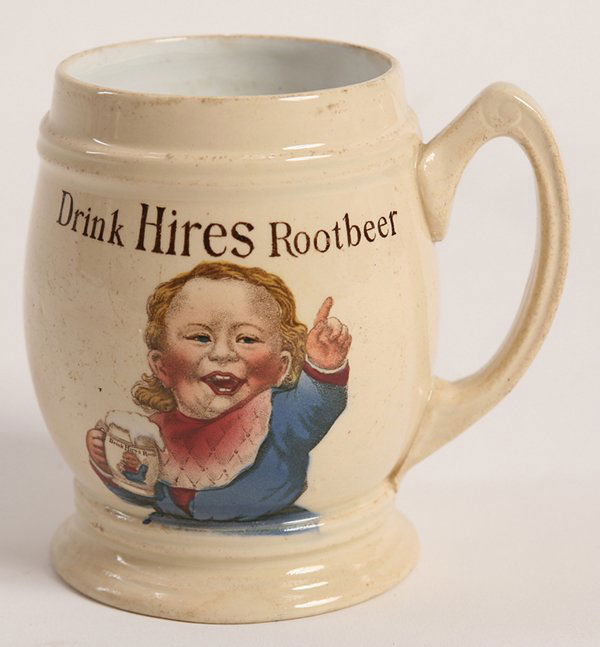 METTLACH HIRES ROOT BEER MUG: Villeroy & Boch pottery mug with bright transfer. 4 1/2" h.