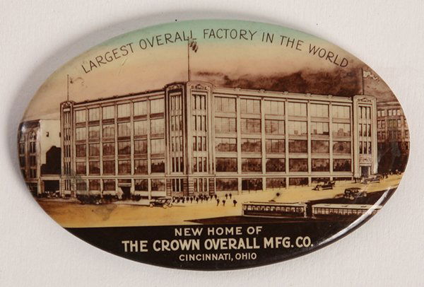 CROWN OVERALLS CINCINNATI POCKET MIRROR: Celluloid. Circa 1910. 2 3/4" x 1 3/4"