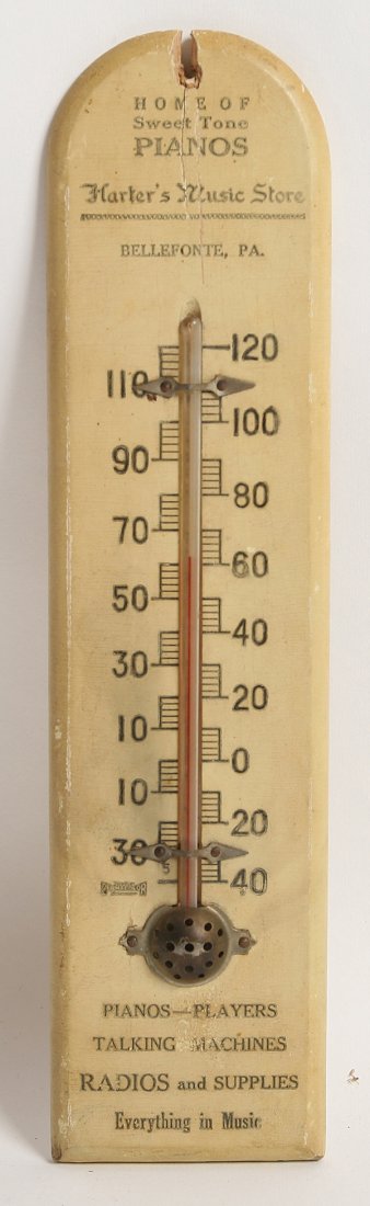 HARTERS MUSIC STORE BELLEFONTE, PA. THERMOMETER: Circa 1920's thermometer advertising pianos, players, talking machines, radios & supplies. 12" x 3"