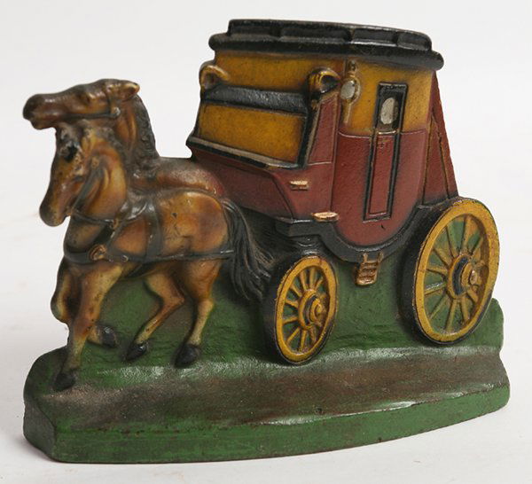 CAST IRON COACH DOORSTOP: In original polychrome painted finish two horse drawn covered Coach, marked on back “Patnent Applied For”, 8.5” x 6.5” high.