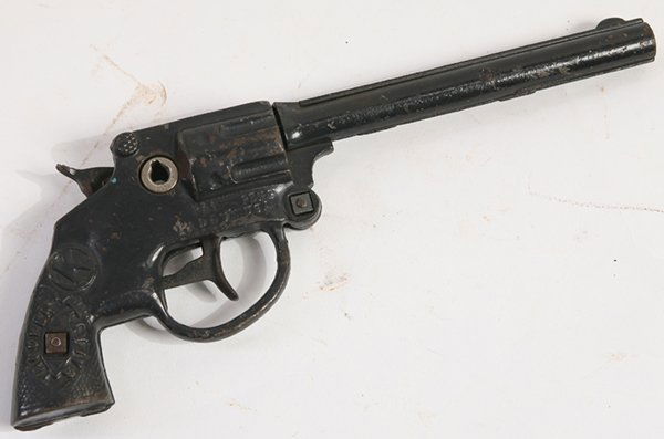 KILGORE CAST IRON TROOPER SAFETY CAP PISTOL: In original black painted finish, marked as above and “Pat Pen. Made in U.S.A.”, 9.5” long.