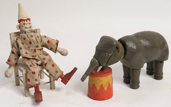SCHOENHUT ELEPHANT & CLOWN FIGURES PLUS: Includes elephant, 7” long; plus clown, 8.5” high; and two circus props, a chair and barrel.