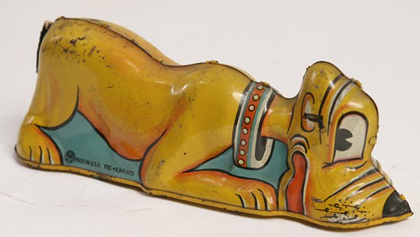 MARX TIN LITHOGRAPHED PLUTO DOG TOY: Marked on left side with copyright symbol “1939 Walt Disney Prod.” and on right with “Marx” in circle and “Made in U.S.A. Pat. # 2,001,625”. In original chromolithographed paint finish, ke