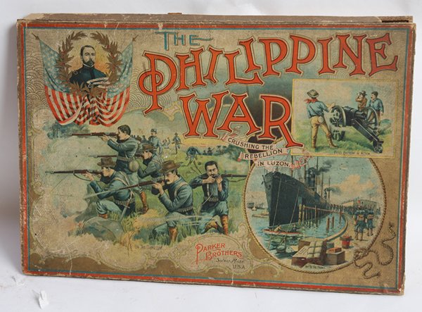PARKER BROS. THE PHILLIPINE WAR BOARD GAME: In original chromolithographed wood and card stock box. The base of box is the board for the game, lacking all other pieces, 16” x 24” x 1” high.