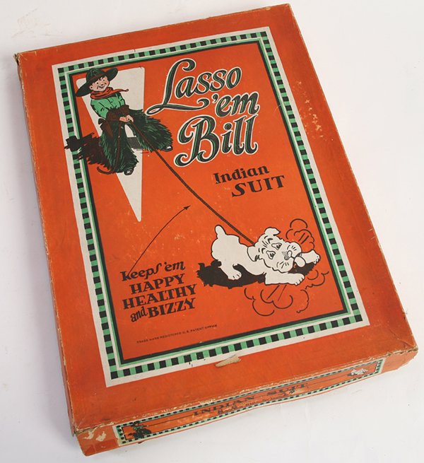 BOXED LASSO'EM BILL INDIAN SUIT: By Keyton Bros, San Francisco with chromolithographed box lid and sides with turkey feather headdress and fake buckskin leggings/war shirt. Box is 13.3” x 17.25” x 1.5” high.
