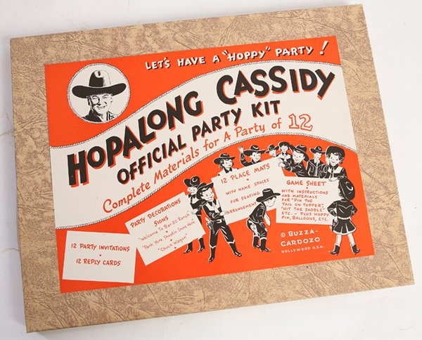 HOPALONG CASSIDY OFFICIAL PARTY KIT: Unused mint condition kit complete with 12 party invitations, 12 reply cards, 12 place mats, game sheet, etc. 11 1/4" x 14".