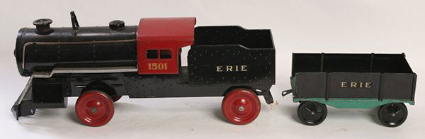 KEYSTONE PRESSED STEEL TRAIN, TENDER & CAR: Locomotive numbered “1501” with Erie on both tender and the open car in wonderful original painted finish, rarely seen on these larger outdoor train sets, Locomotive & attached tender are 27” lo