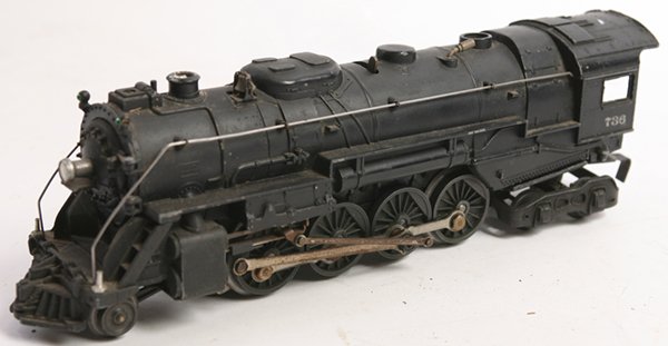 LIONEL STEAM LOCOMOTIVE NO. 736: O gage, in original black finish,12” long x 3.5” high.