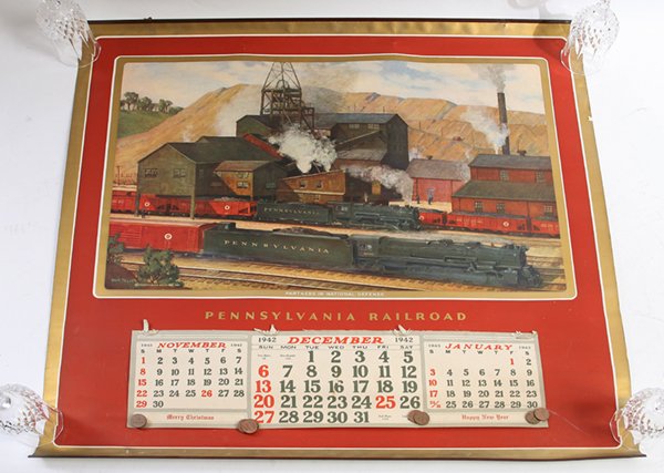 WWII 1942 PENNSYLVANIA RAILROAD CALENDAR: With chromolithographed scene of R.R. yard, date 1942 with Dec. sheet still attached and gray tin hangers at top and bottom, 28.5” square.